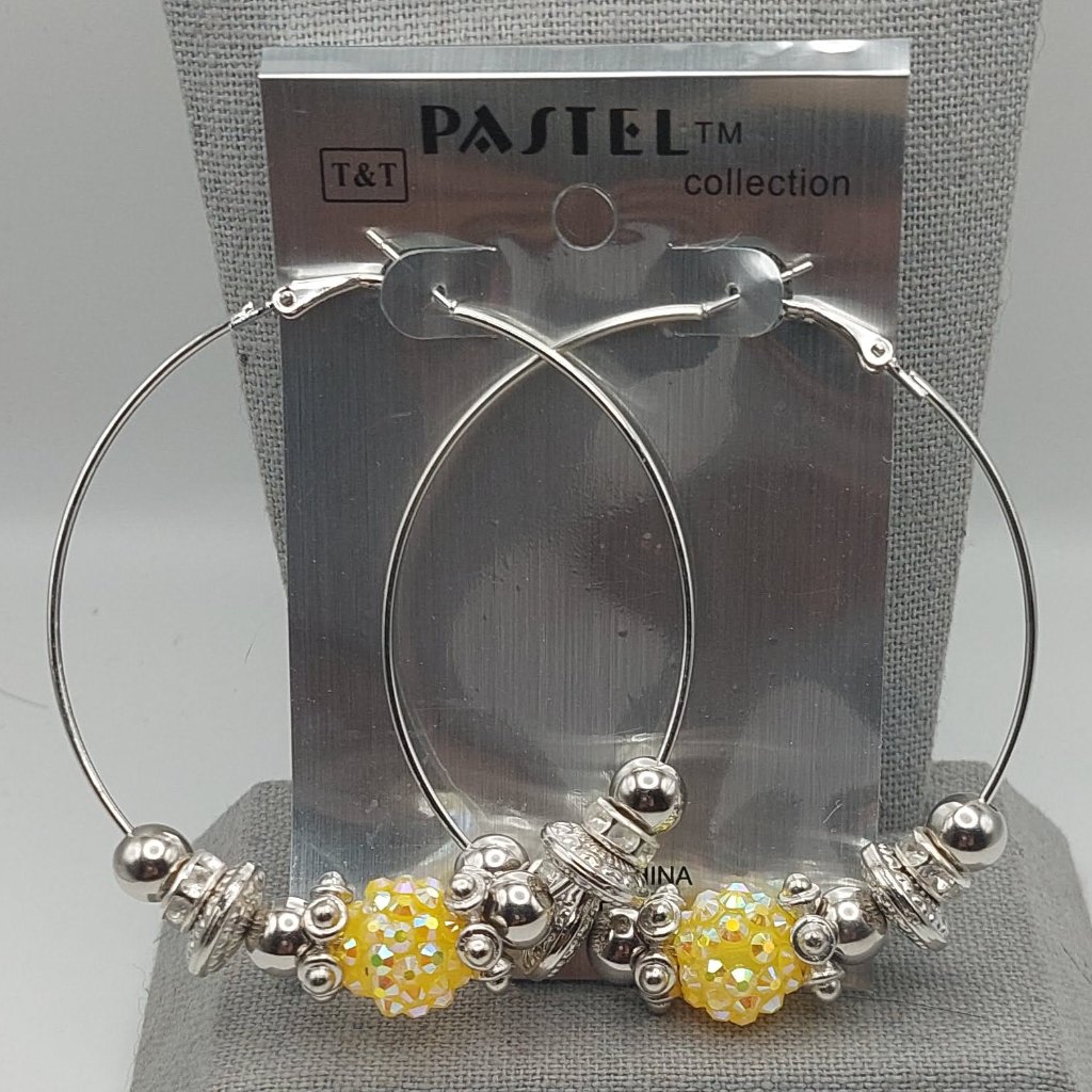 Yellow And Silver Beaded Hoop Earrings